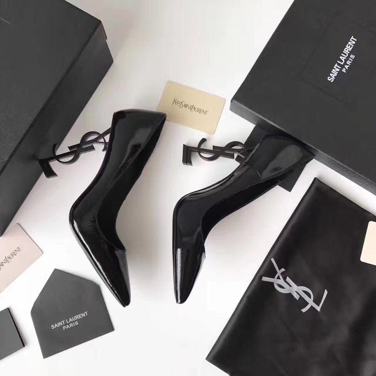 YSL PATENT TRIPPLE BLACK HEELS